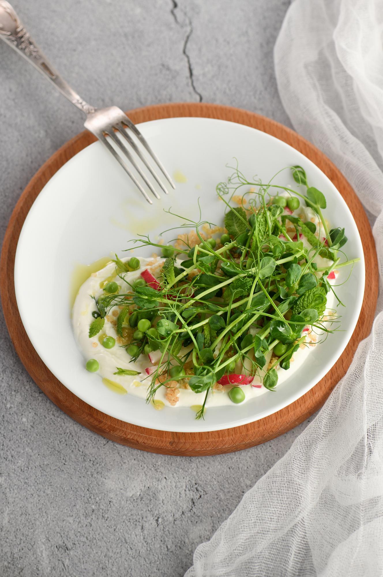 Close-up of plated starter with microgreens